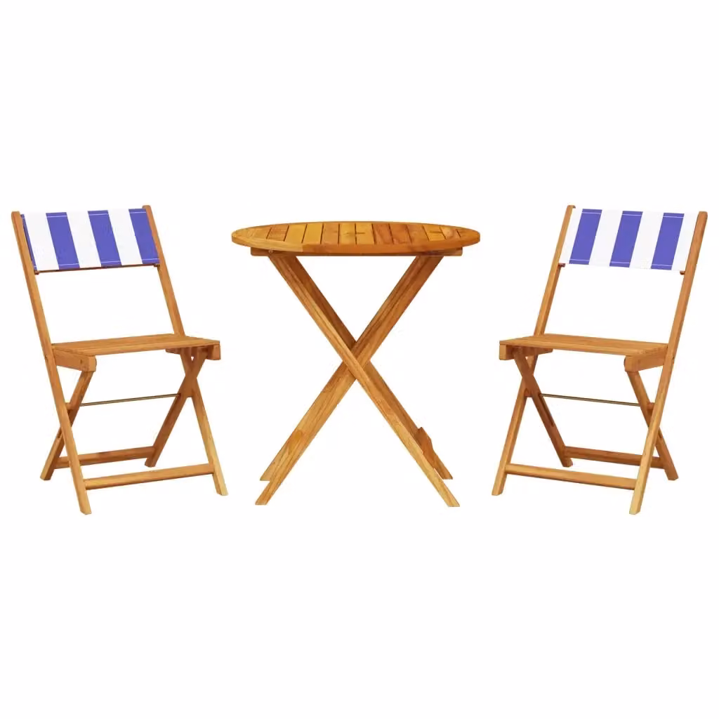 Set da Bistrot vidaXL in Legno di Acacia con Tessuto a Righe Blu e Bianco per Giardino e Balcone – 2
