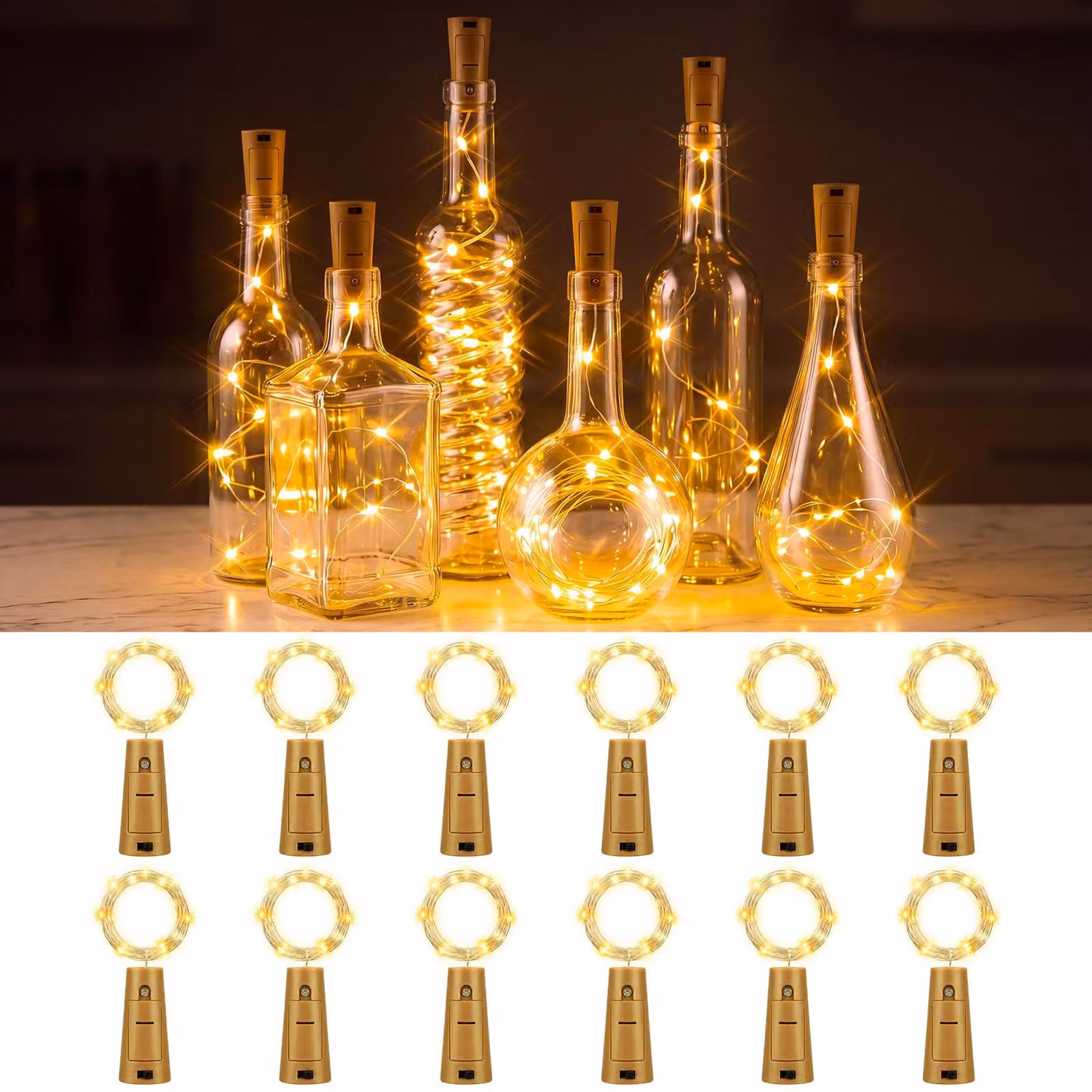 Catena luminosa a LED, set da 12, lunghezza 2 metri, 20 LED bianco caldo, alimentazione a batteria