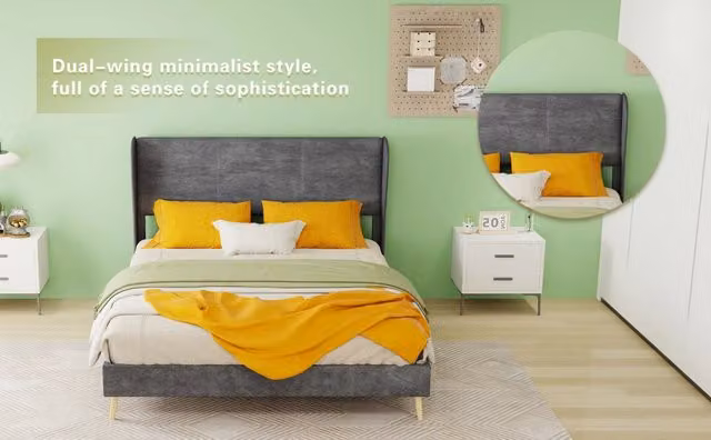 Letto imbottito moderno 140×200 cm in velluto olandese grigio con testiera morbida, base bassa senza contenitore e materasso 140×200 cm incluso