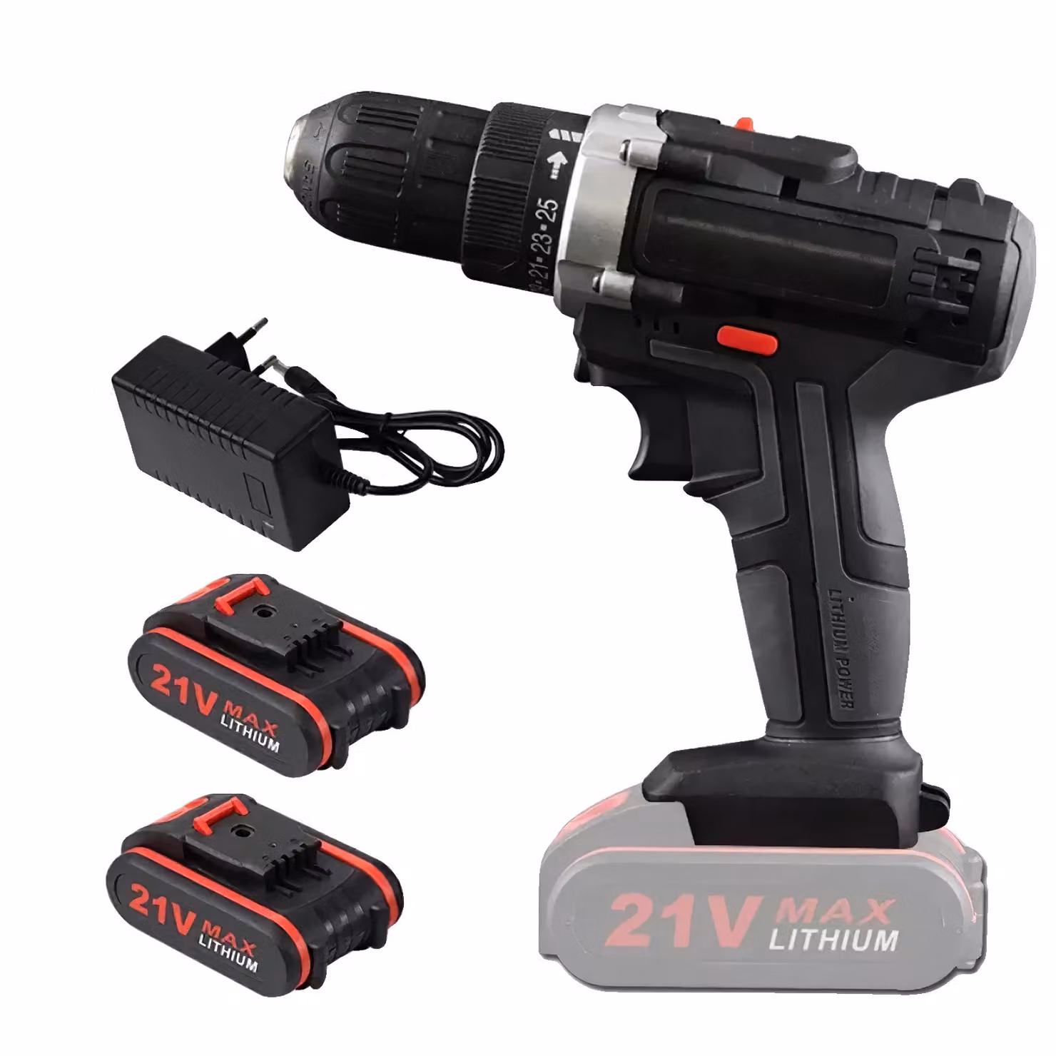 trapano a batteria da 21V, coppia 40N-m, velocità 2500 giri/min, 2 batterie