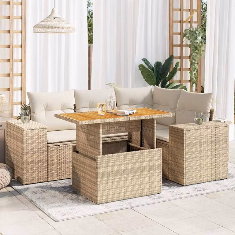 Set Divano da Giardino vidaXL 5 pz in Polyrattan Beige con Cuscini e Tavolino da Esterno a Forma di L