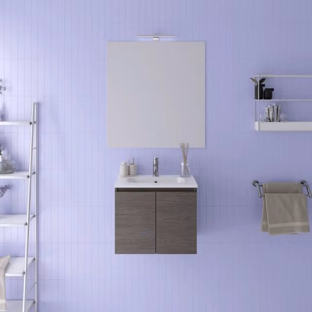 Mobile da bagno sospeso Rata in rovere scuro con lavabo e specchio con illuminazione LED, Larghezza: 60 cm