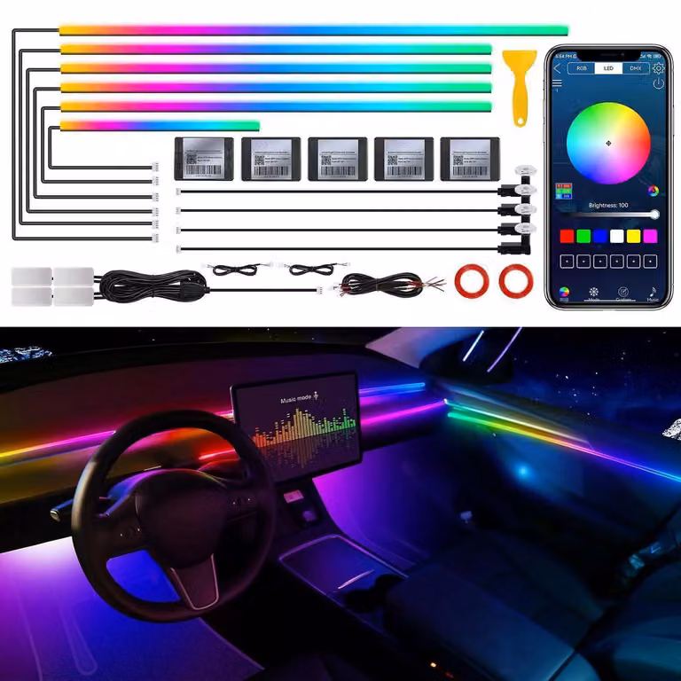 Illuminazione ambientale a LED per auto, interni, acrilico, RGB, controllo tramite app, sincronizzazione con la musica, 175 pollici