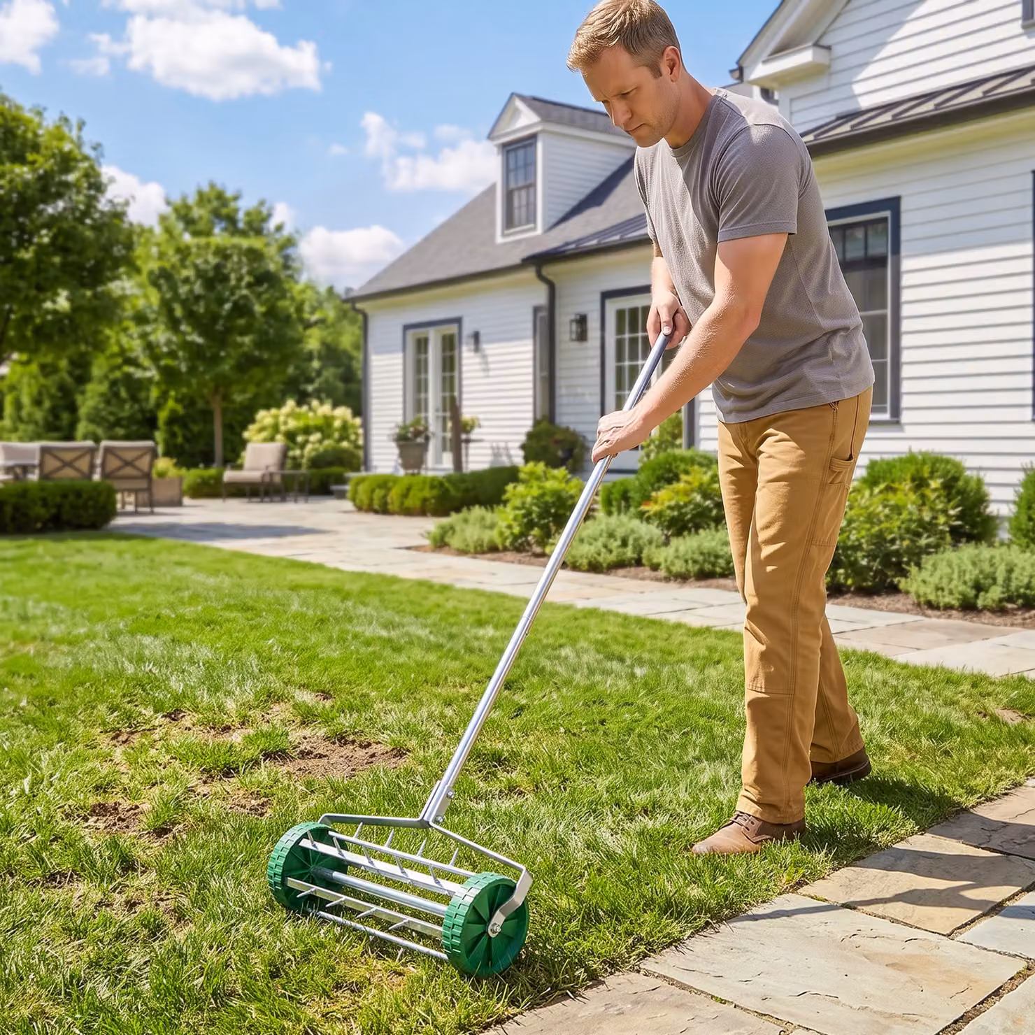 Rastrello Scarificatore con Ruote da Giardino Outsunny in Ferro Zincato, Verde e Argento, H: 135 cm, L: 42 cm, P: 15 cm – 2