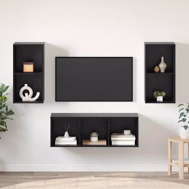 Set di 3 mobili TV moderni vidaXL in legno multistrato color rovere e nero per soggiorno – 1