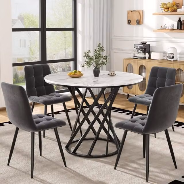 Set tavolo e 4 sedie Mivray con tavolo rotondo in MDF effetto marmo bianco e sedie in velluto multicolore, H: 80 cm, L: 120 cm, P: 120 cm