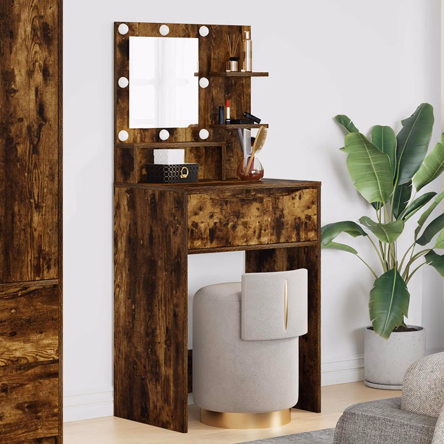 vidaXL Tavolo da Trucco Moderno con LED in Legno Marrone L: 135 cm, P: 60 cm, H: 39,5 cm