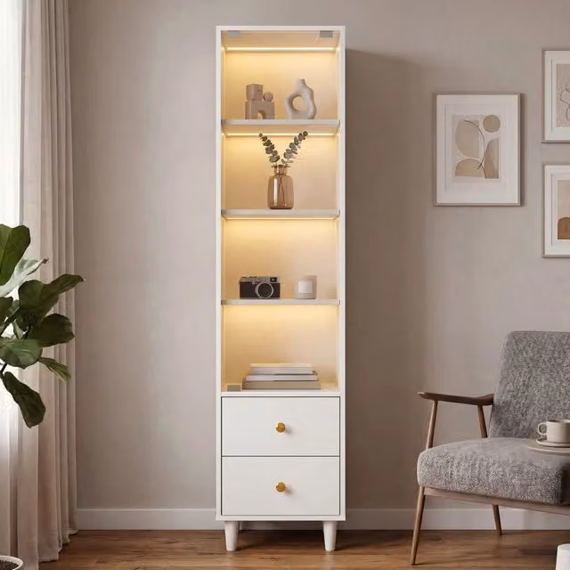 Libreria Minimal bianca con ante in vetro e cassetti in stile moderno L: 40 cm, P: 35 cm, H: 165 cm