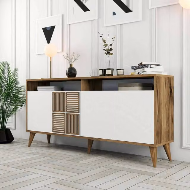 Credenza Garigliano, Buffet da soggiorno, Madia da salotto, Dispensa da cucina, 160x35 h79 cm, Noce e Bianco