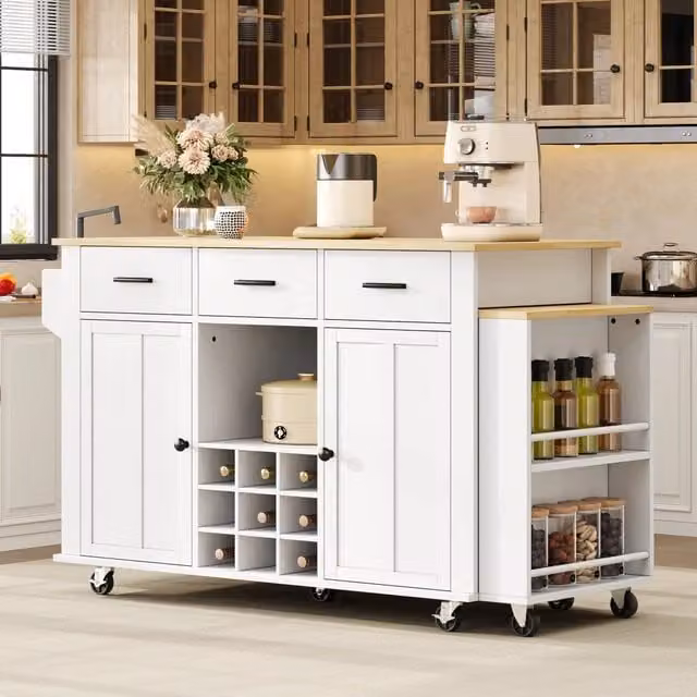 Isola da cucina mobile WISHDOR con piano estraibile, 3 cassetti, portabottiglie e presa USB, in MDF, Bianco, L: 136 cm, P: 50 cm, H: 93 cm