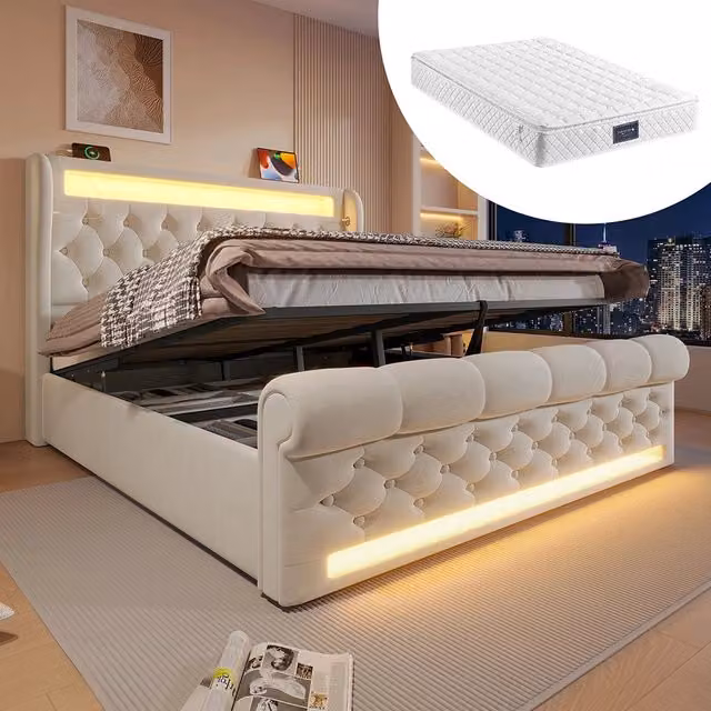 Letto matrimoniale-Xylo-140x200 cm-LED, USB-C, idraulico, con materasso, velluto grigio