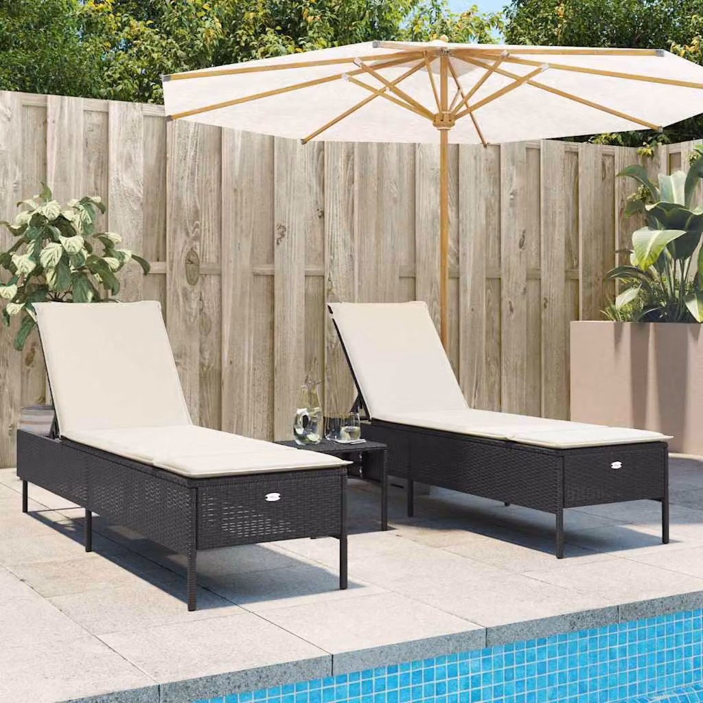 Set di 2 lettini prendisole vidaXL in polyrattan nero con cuscini regolabili e tessuto resistente ai raggi UV – 1