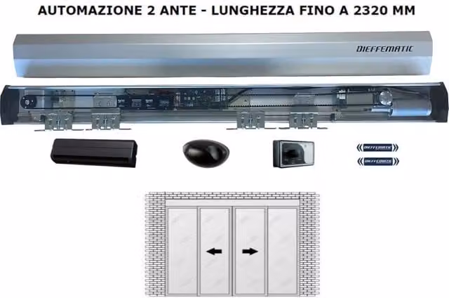 Porta scorrevole a 2 ante Dieffematic in alluminio argento con automazione 24V fino a 232 cm