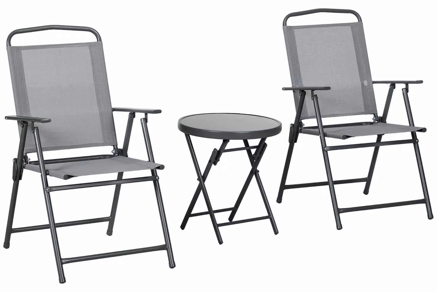 Set Tavolino e 2 Sedie Pieghevoli da Giardino in Metallo Grigio Chiaro