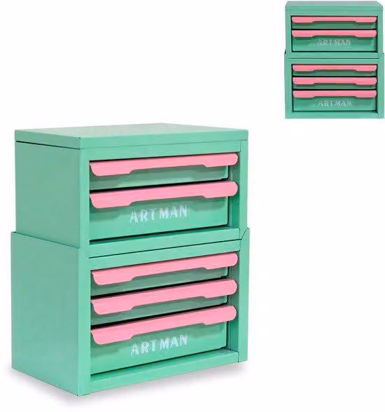 Contenitore organizer in metallo con maniglie - Design impilabile - 28,5 x 15,8 x 32 cm - ideale per ufficio, bagno e toilette - verde e rosa