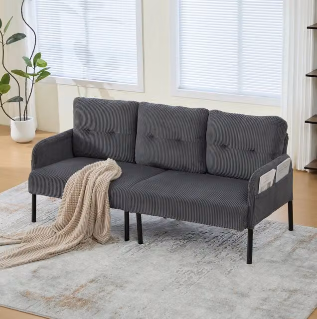 Divano 3 posti ULEVR 171x72x80 cm in velluto a coste grigio con tasca laterale e struttura in metallo