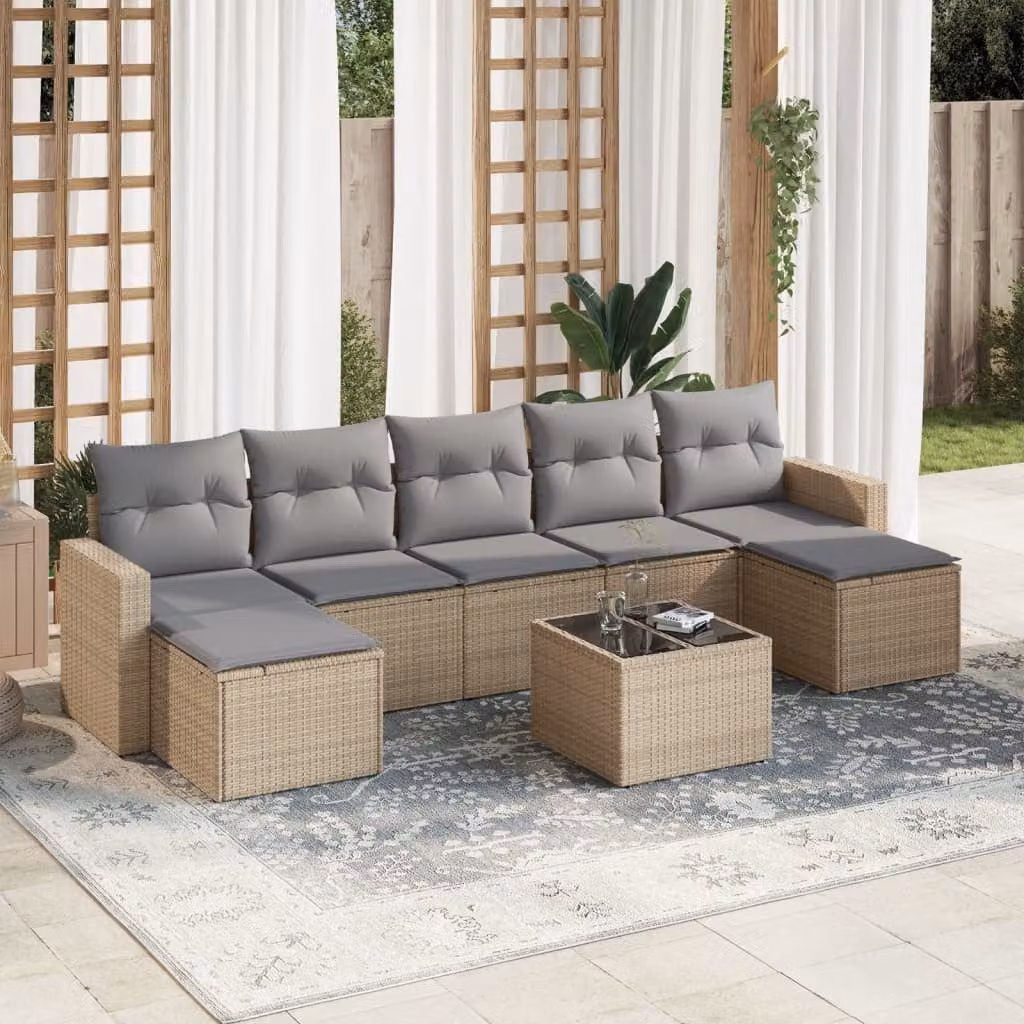 vidaXL Set Divano da Giardino 8 pz in Polyrattan con Cuscini Beige e Tavolino da Esterno – 1