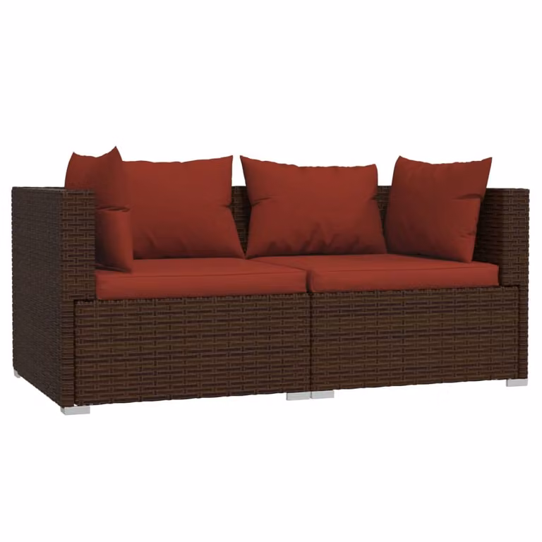 Divano a 2 Posti con Cuscini in Polyrattan Marrone