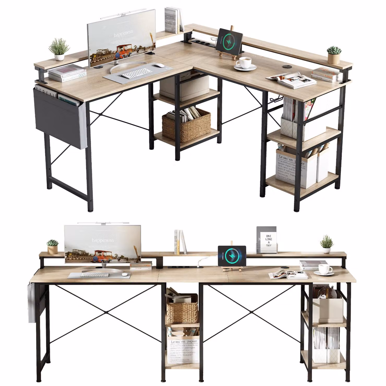 Scrivania gaming regolabile in altezza Zimilo con ripiano, 140x140 cm, scrivania a forma di L per computer con LED, prese di corrente, USB, tasca in tessuto, color beige