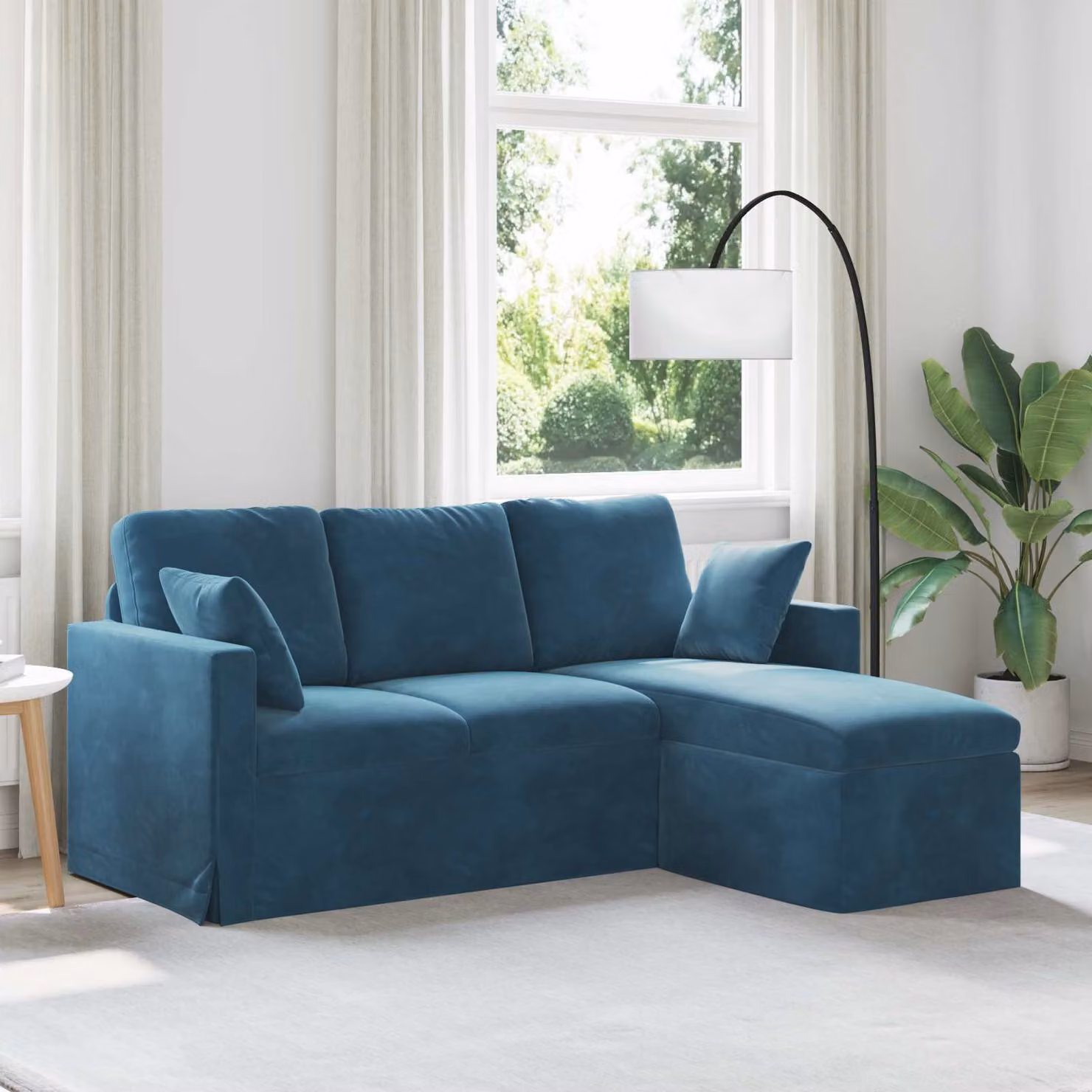 Divano angolare vidaXL in velluto blu con cuscini coordinati e coperture rimovibili L/P/H: 178 x 134 x 80 cm – 1