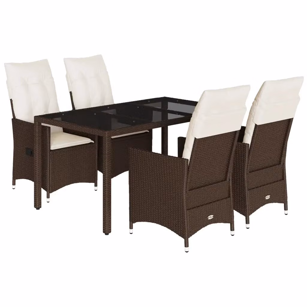 Set da Pranzo da Giardino 5 Pezzi vidaXL in Polyrattan Marrone con Cuscini Bianchi e Tavolo in Vetro – 2