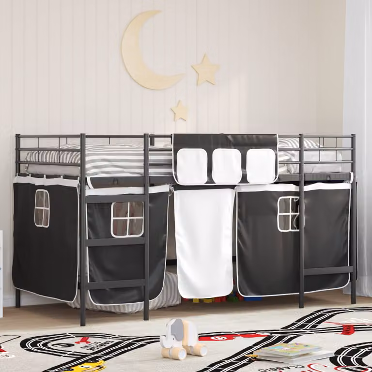 Letto a castello per bambini vidaXL in metallo con struttura a casetta e scala, Nero, 90 x 190 cm
