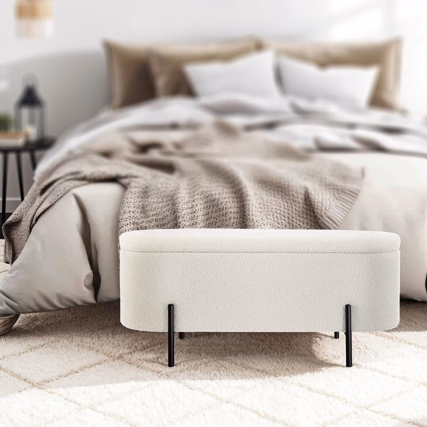 Panca Lanja tectake imbottita in tessuto bouclé bianco con spazio interno L: 150 cm, P: 43 cm, H: 36 cm – 3