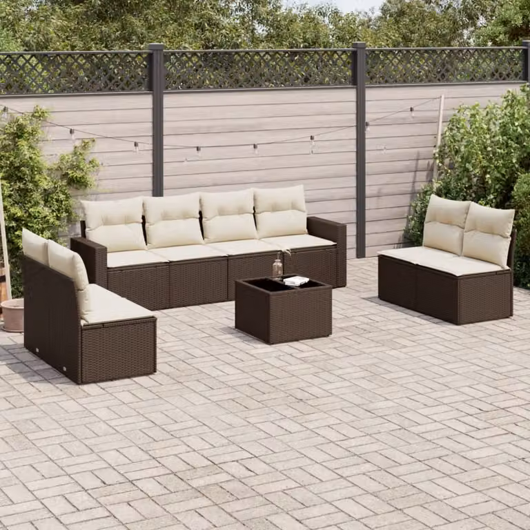 Set di Divani da Giardino vidaXL 9 Pezzi in Polyrattan Marrone con Cuscini e Tavolino da Esterno