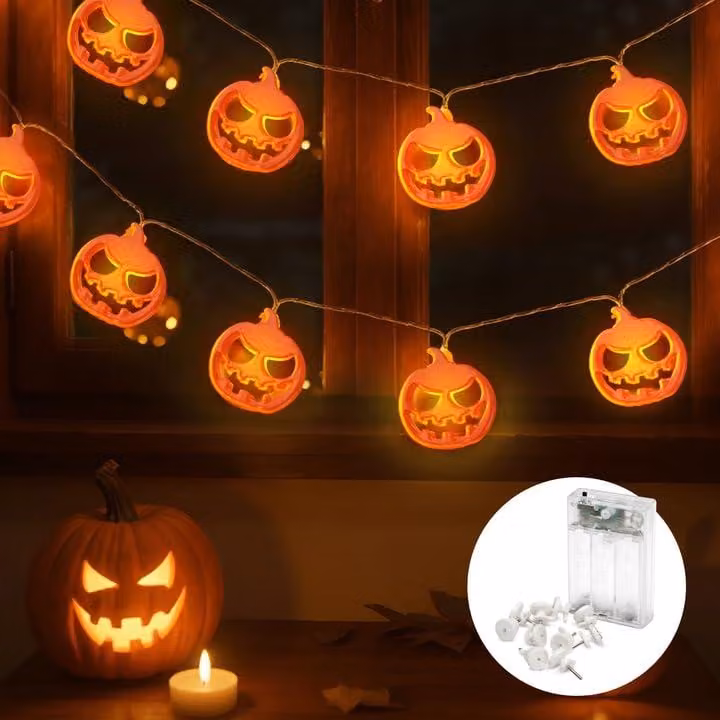 Catena luminosa a forma di zucca, 5 metri, 20 LED luce calda, con timer, alimentazione a batteria, ideale per Halloween