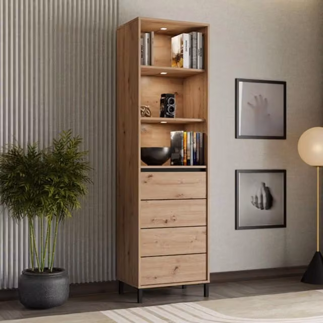 Mobile Espositore Vetrina DMORA con 4 Ripiani e Ante in Vetro, Colore Marrone Rovere Nodi, L: 55 cm, P: 40 cm, H: 193 cm – 1