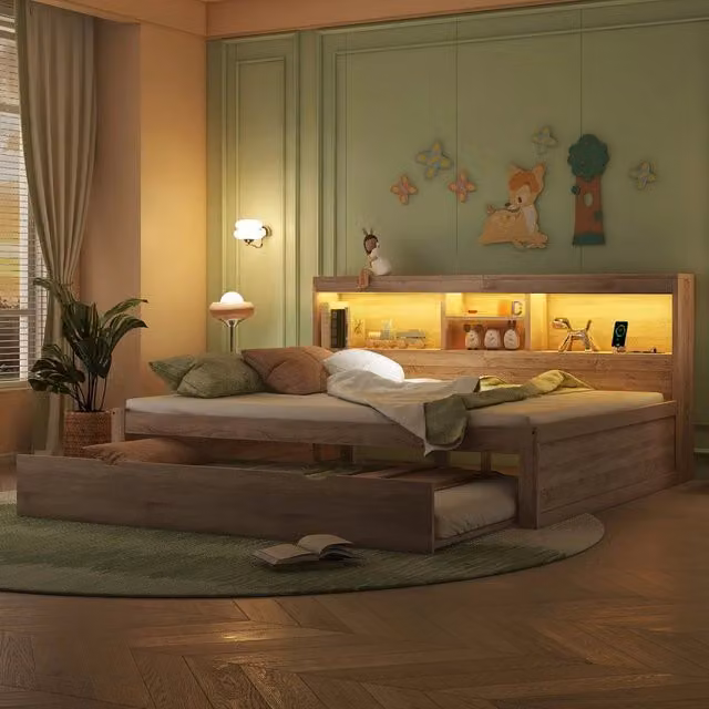 Letto Divano con LED e Contenitore ¨C MINIMAL ¨C 140x200, Naturale