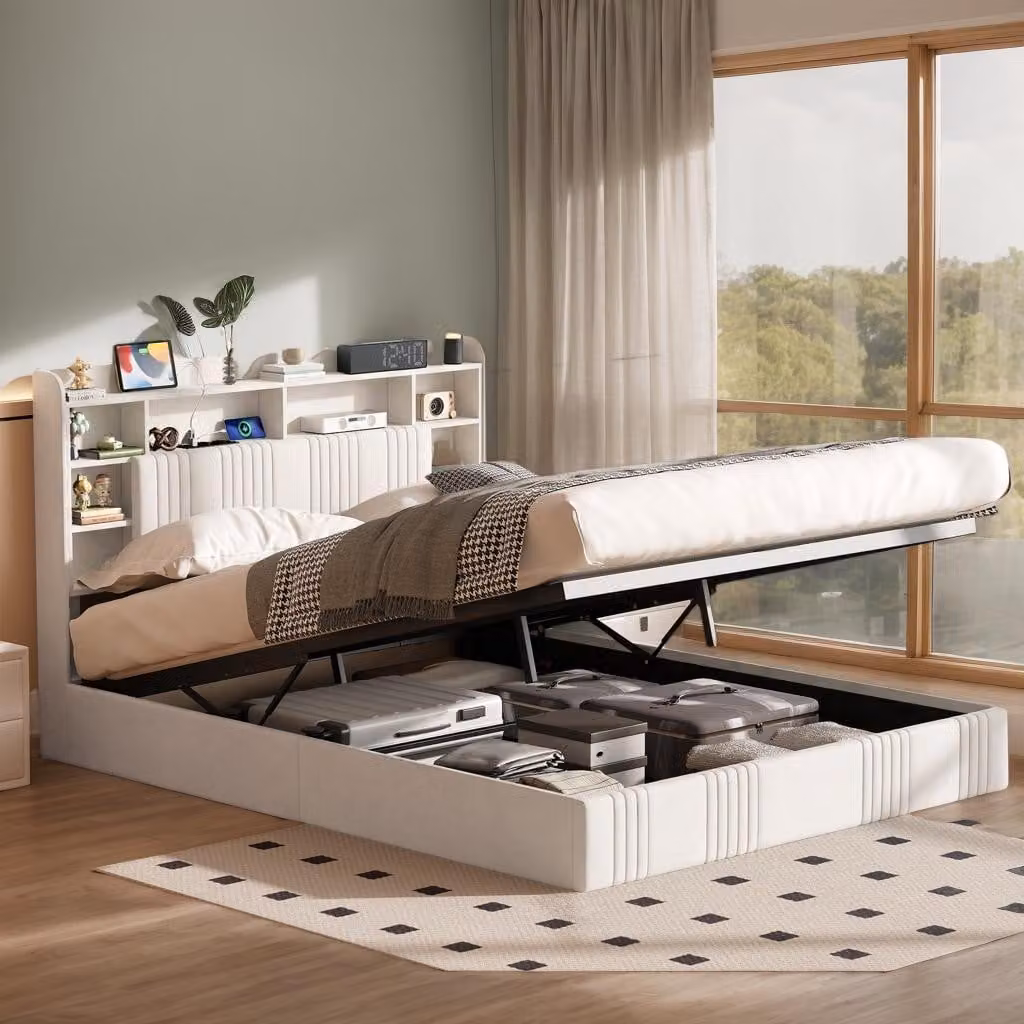 Letto imbottito INONEFT 160x200 cm, con sistema di sollevamento idraulico, contenitore portaoggetti, illuminazione LED e prese USB, letto matrimoniale con rete a doghe e testiera contenitore, rivestito in lino color beige, senza materasso