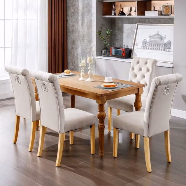 Set 4 sedie da pranzo in velluto beige con gambe in rovere e schienale capitonné