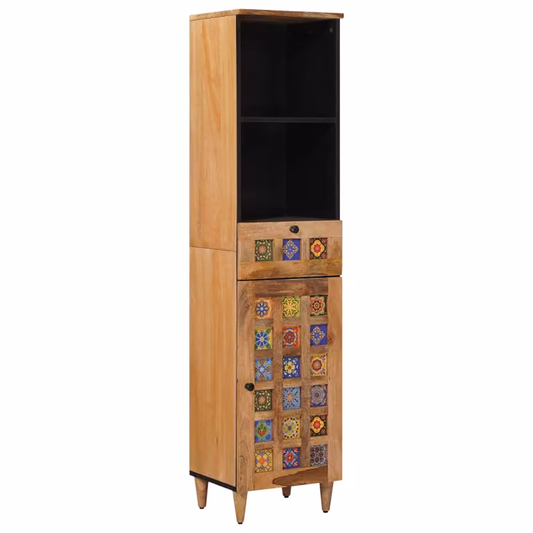 Mobile da bagno moderno vidaXL in legno di mango naturale e metallo nero, L: 38 cm, P: 33 cm, H: 160 cm