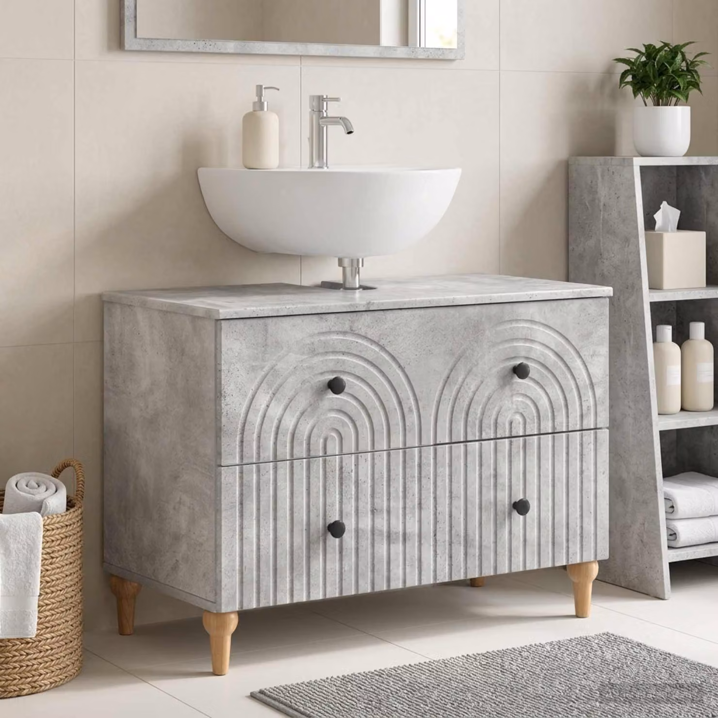 Armadio per lavabo da bagno moderno vidaXL ALKMAAR Grigio e Nero con ante a battente e cassetti