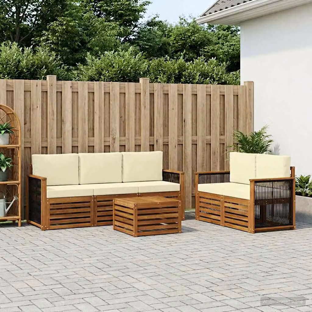 Set di divani da esterno vidaXL in legno di acacia con cuscini, composizione a L con tavolino, colore beige e marrone