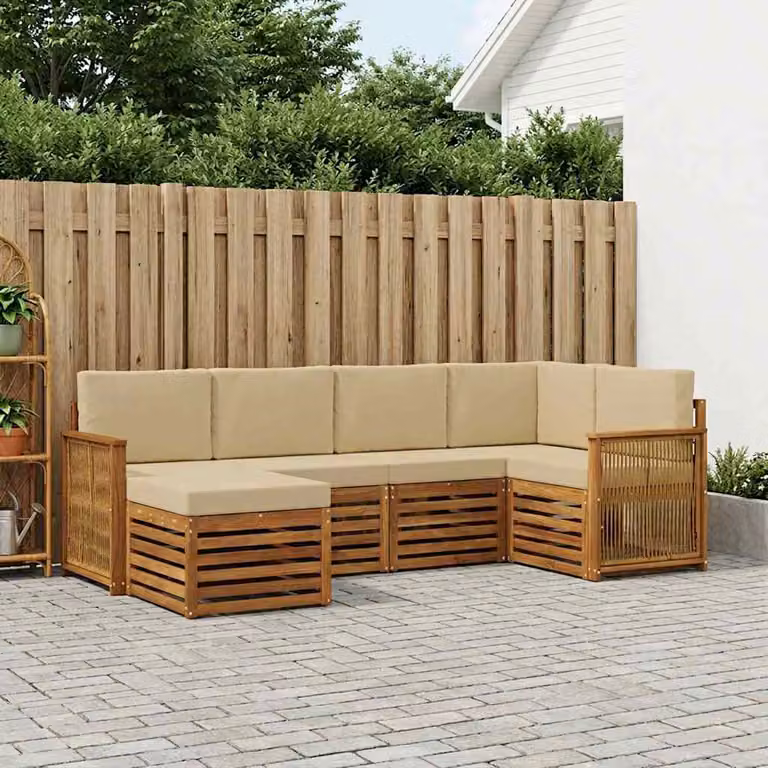 Set di divani da esterno vidaXL 5 pz a forma di L in legno di acacia con cuscini beige e marrone