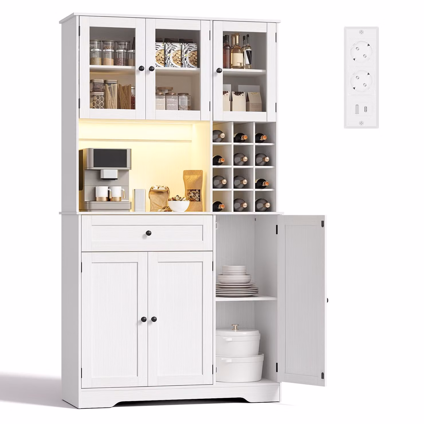 Armadio alto per cucina BEALIFE, 100x40x180 cm, con illuminazione a LED, presa di corrente e portabottiglie | Bianco | AP134