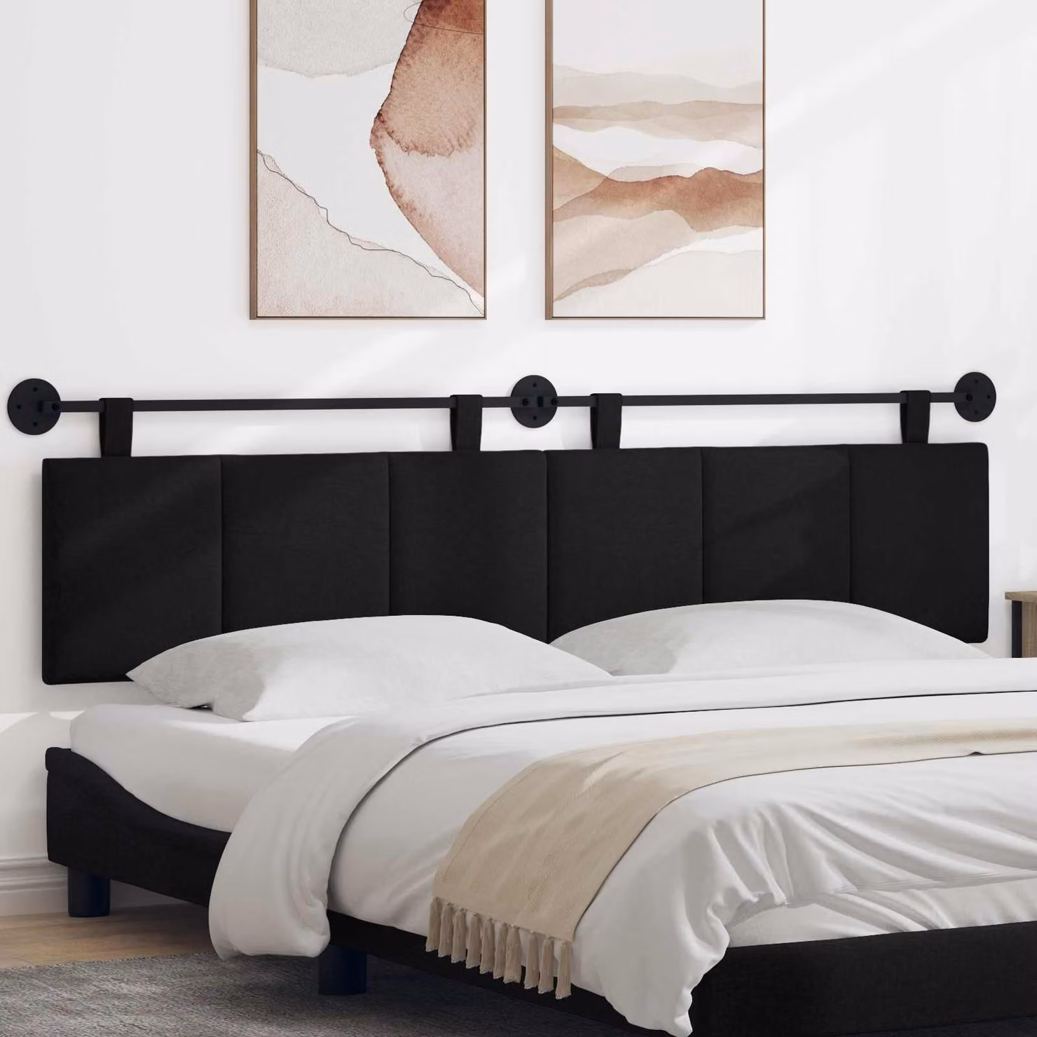 Testiera per letto sospesa vidaXL in velluto nero con pannello imbottito e struttura in legno e metallo