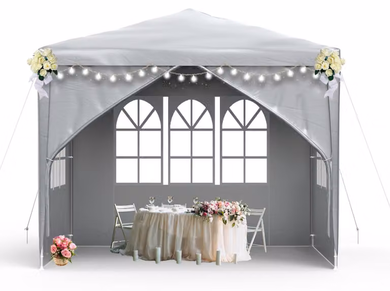QEENTOE, gazebo da giardino 3x3 metri, grigio, tenda in polietilene impermeabile con 4 pareti laterali, porta con cerniera, tenda per eventi in giardino