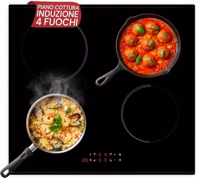 Piano cottura a induzione da incasso Wintem in vetro nero con 4 zone di cottura e funzione power boost