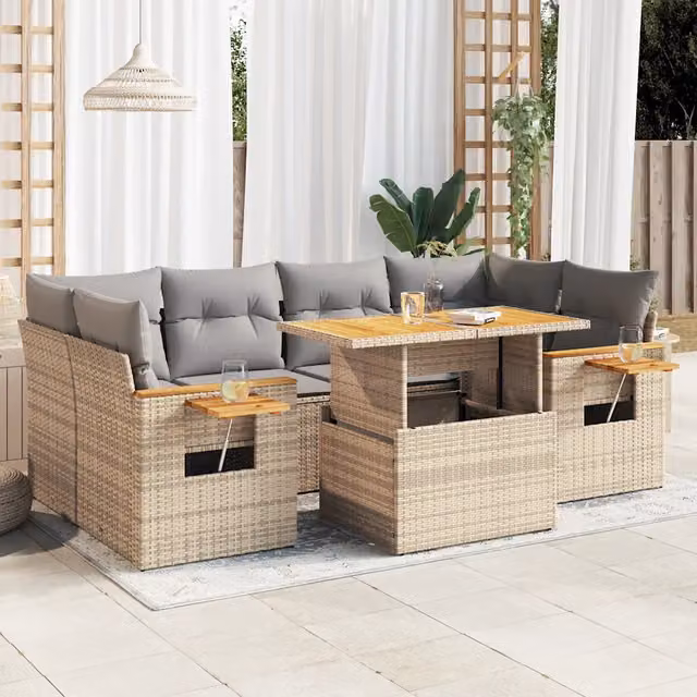 Set Divani da Giardino 7 pz con Cuscini Beige Polyrattan Acacia 3327566