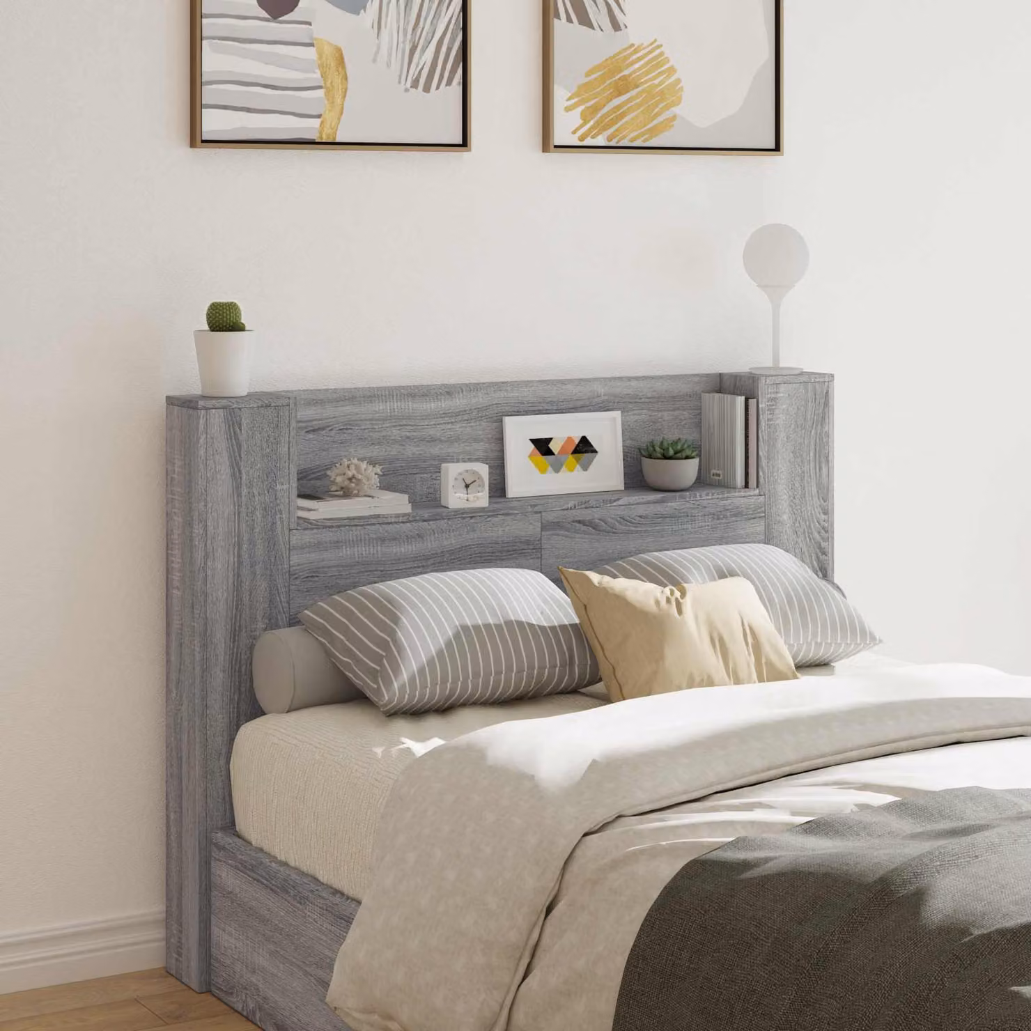 Testata del letto con mobile e illuminazione LED vidaXL in legno ingegnerizzato, colore grigio Sonoma, L: 140,0 cm, P: 16,5 cm, H: 103,5 cm