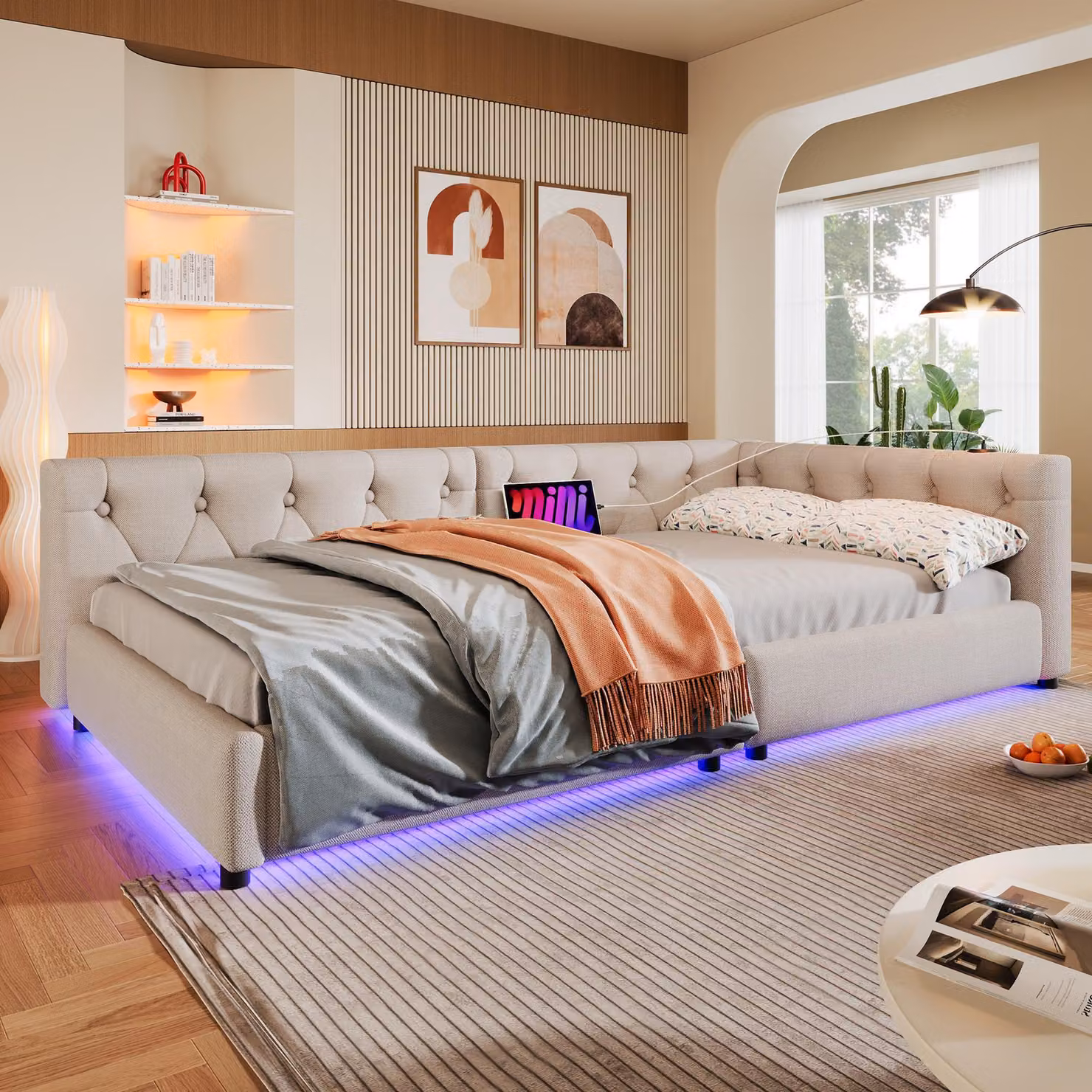 MODFU divano letto daybed 90x200 con strisce luminose a LED e telecomando, letto daybed in legno con USB+tipo-c, letto giovanile con illuminazione ambientale, struttura letto con rete a doghe, beige