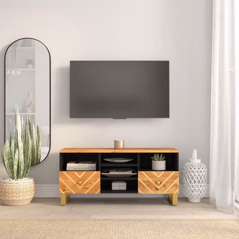 vidaXL Mobile Porta TV Moderno in Legno di Mango e Metallo, Marrone e Nero, L 100 cm x P 33,5 cm x H 46 cm