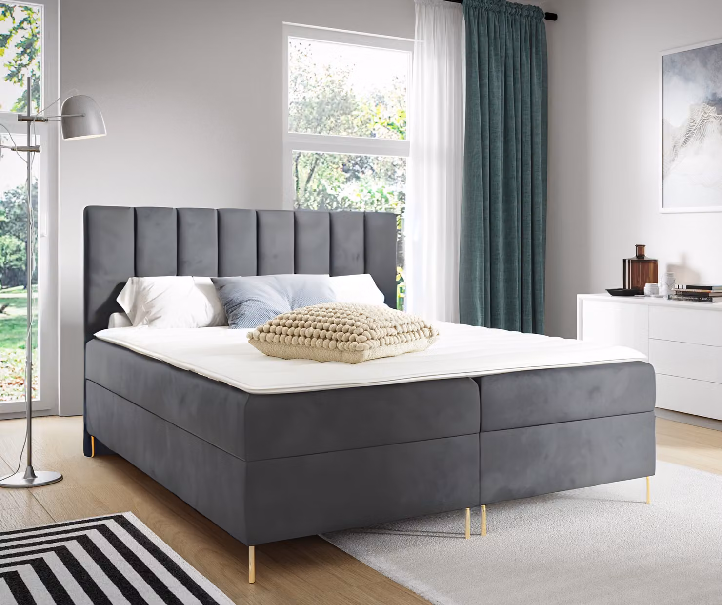 GUTTO Letto imbottito con testiera, 160x200 cm, grigio velluto, gambe dorate. Letto matrimoniale, letto per bambini, letto rivestito in velluto