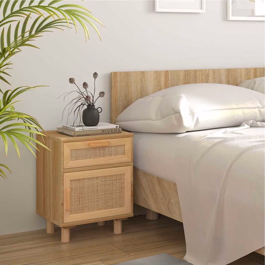 vidaXL Comodino in Legno di Pino e Rattan Naturale Marrone in Stile Scandinavo