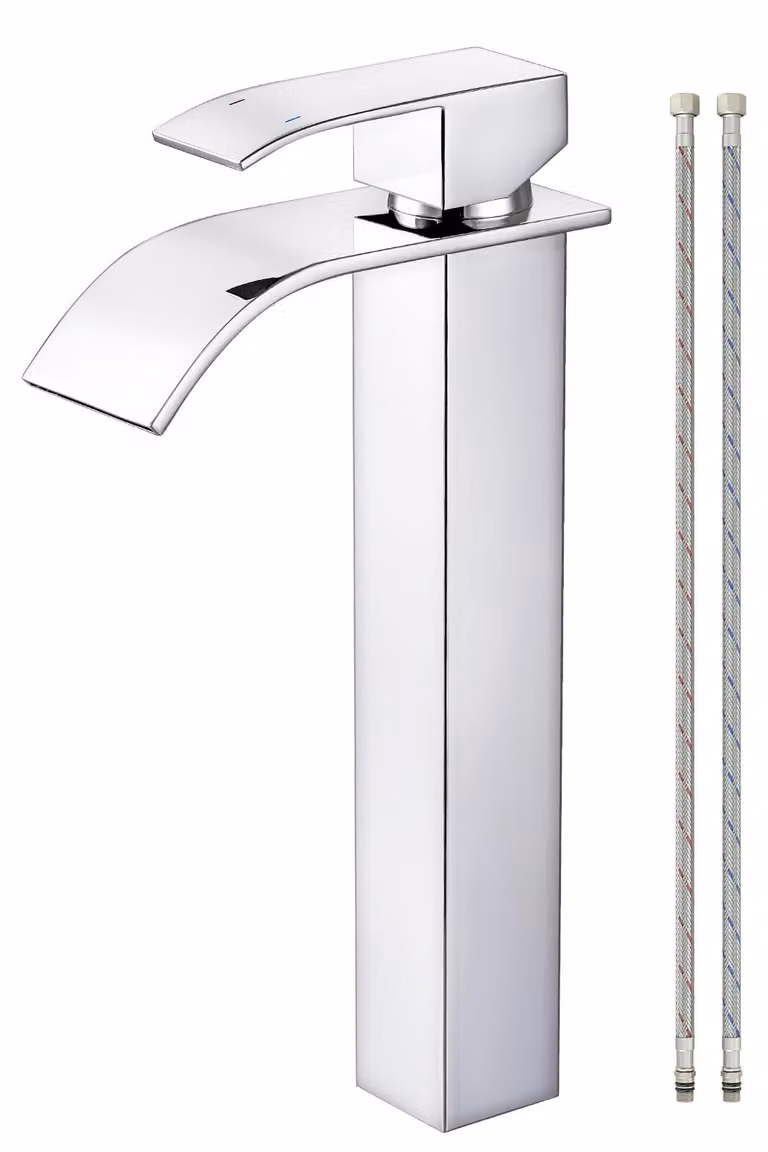 Miscelatore per lavabo a cascata, cromato, 295 mm, in acciaio inossidabile, monoblocco, completo di tubi da 60 cm