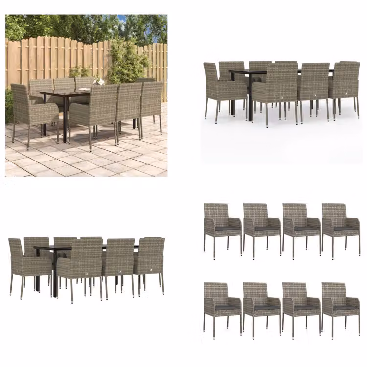 vidaXL Set da pranzo da giardino 9 pezzi con cuscini in poly rattan nero e grigio - Set da pranzo da giardino - Set da pranzo da giardino - Set da pranzo da terrazza