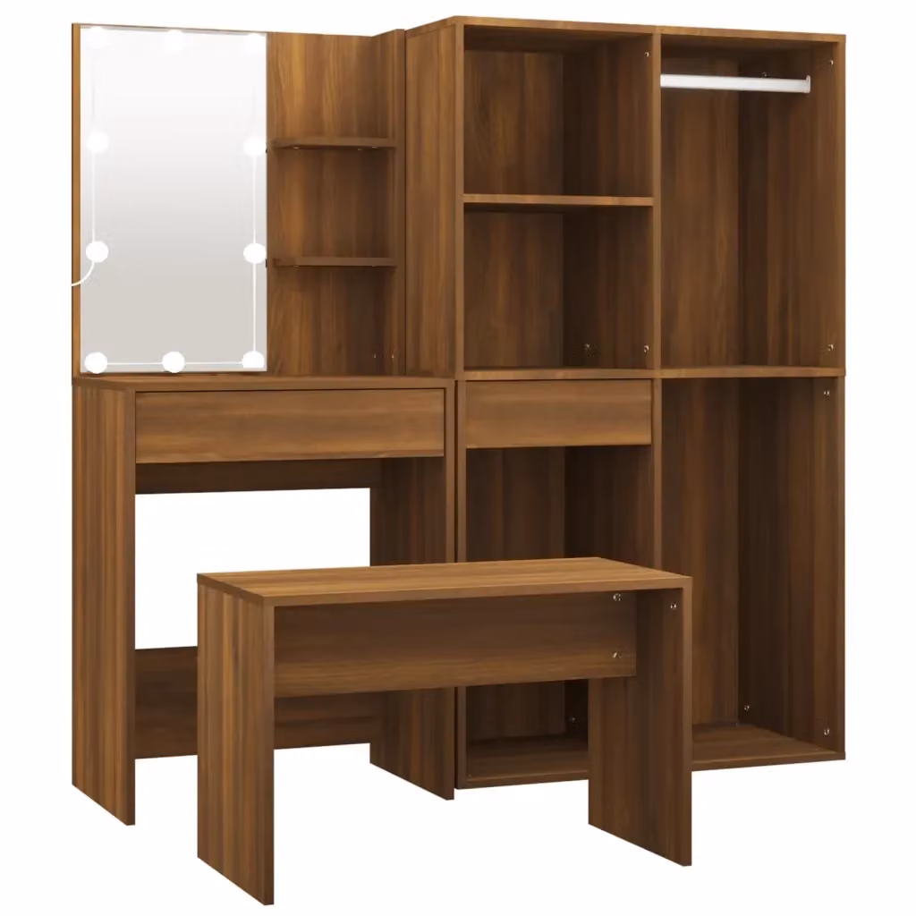 Set Tavolo da Toeletta con LED vidaXL Hollywood in Rovere Marrone con Finitura Opaca L: 140 cm, P: 40 cm, H: 60 cm – 2